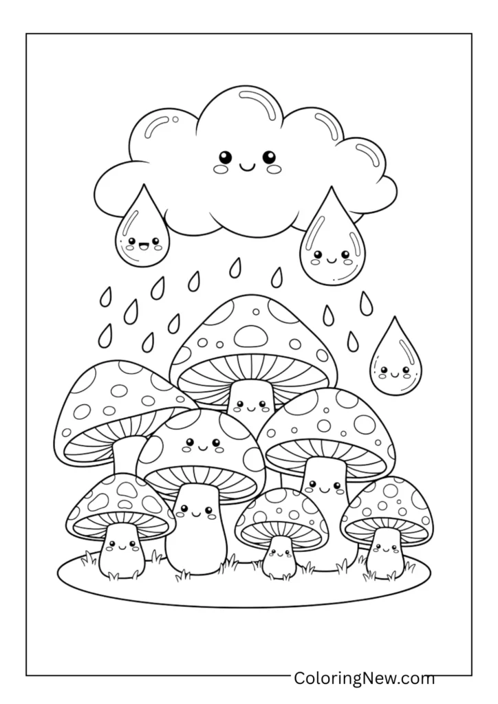 group of happy mushrooms under a rainy cloud with raindrop faces