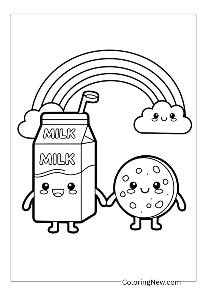 happy milk carton and cookie holding hands under a rainbow