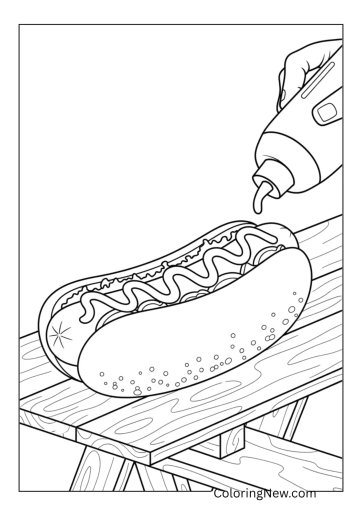 hotdog with mustard on a picnic table