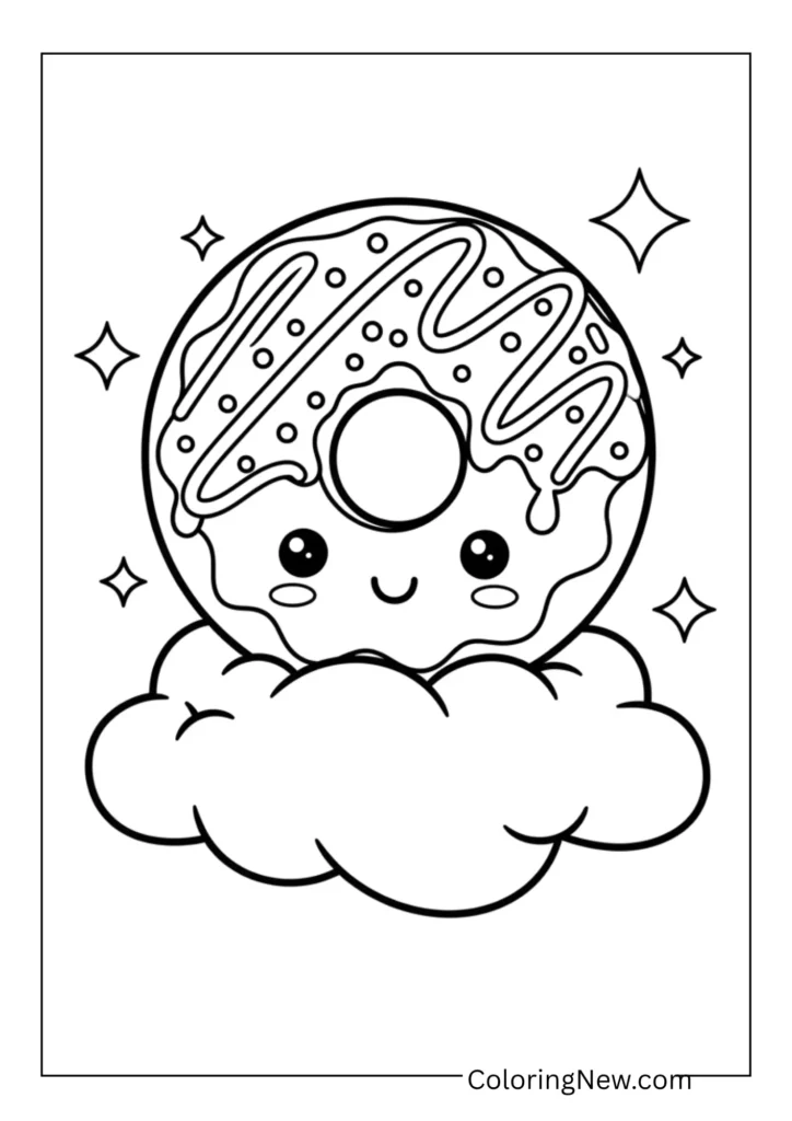 kawaii donut floating on a cloud with sparkles around it
