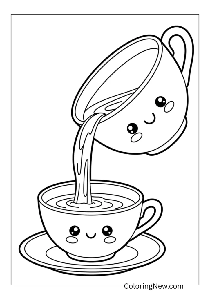 kawaii teacup pouring smiling tea into a saucer
