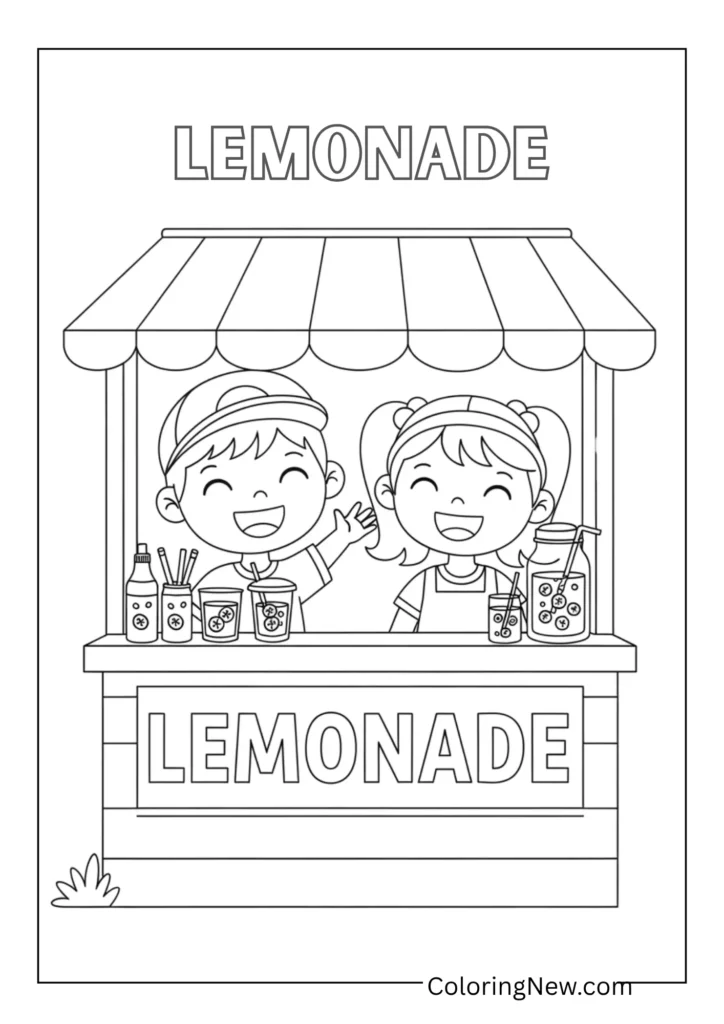 lemonade stand with cheerful kids serving drinks