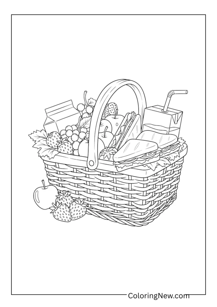 picnic basket with fruits, sandwiches, and juice