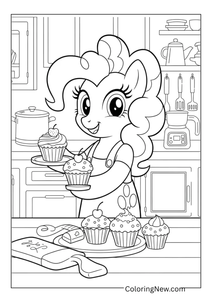Pinkie Pie baking cupcakes in a cheerful kitchen