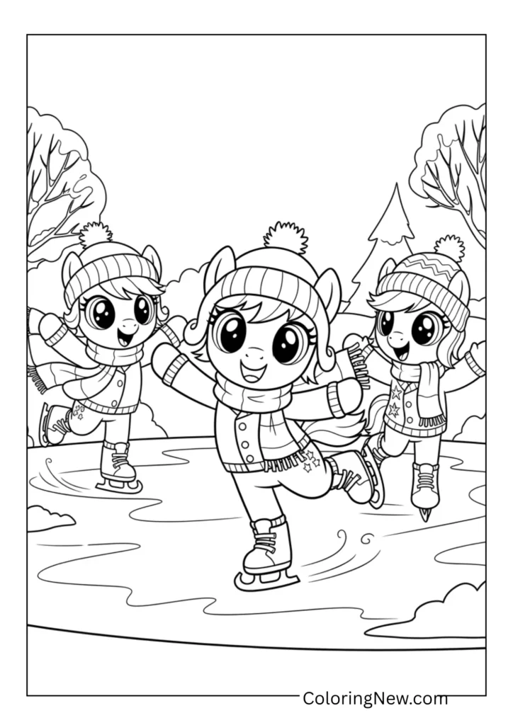 Ponies ice skating on a frozen pond