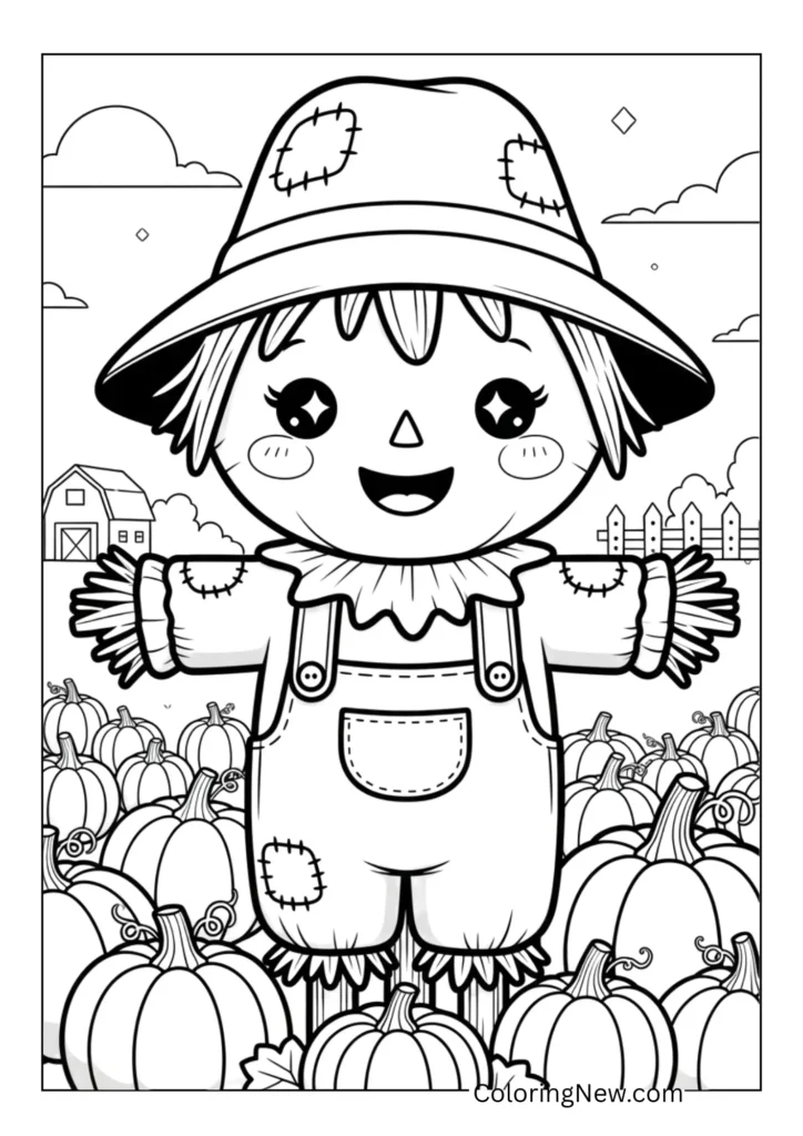 Adorable scarecrow in a pumpkin patch