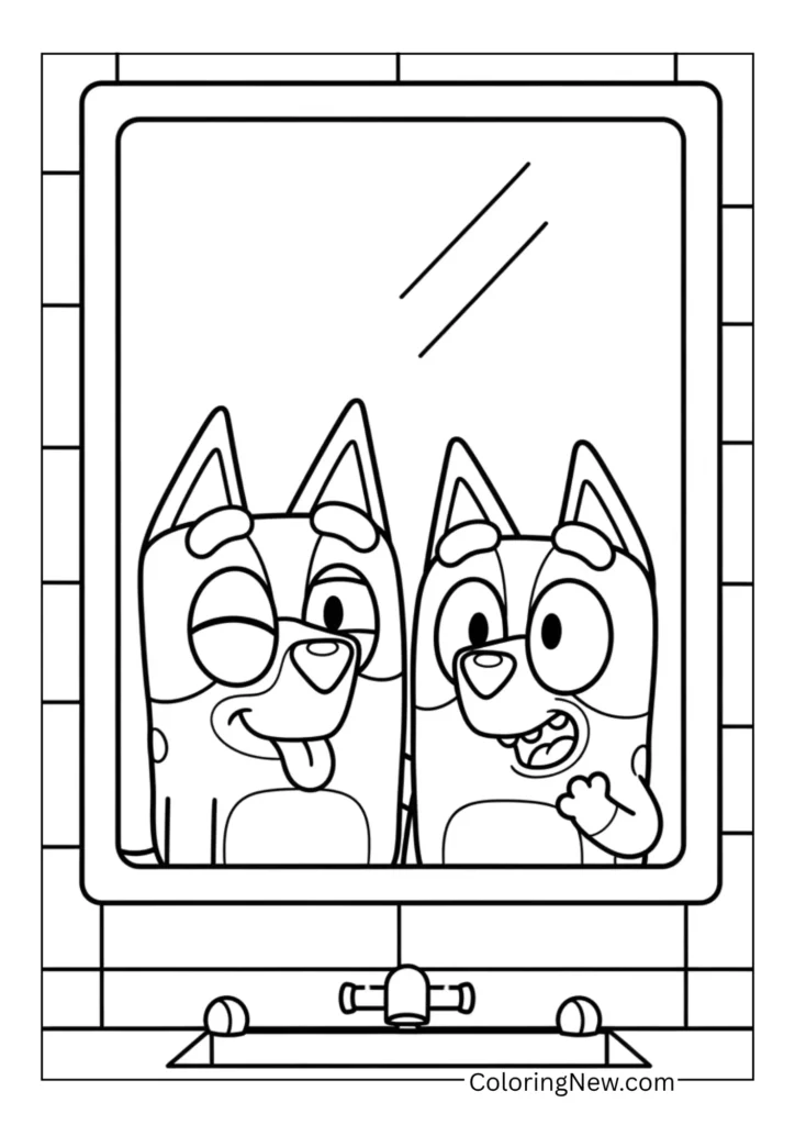 Bluey and Bingo making funny faces in the mirror