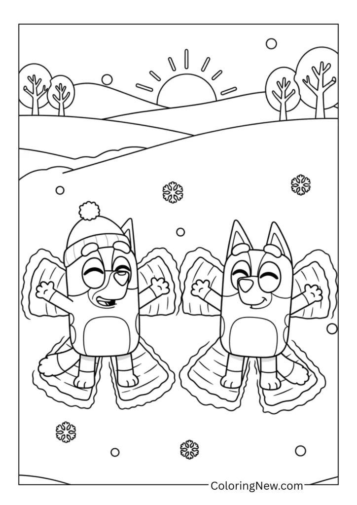 Bluey and Bingo making snow angels