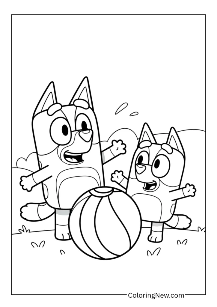 Bluey and Bingo playing with a ball