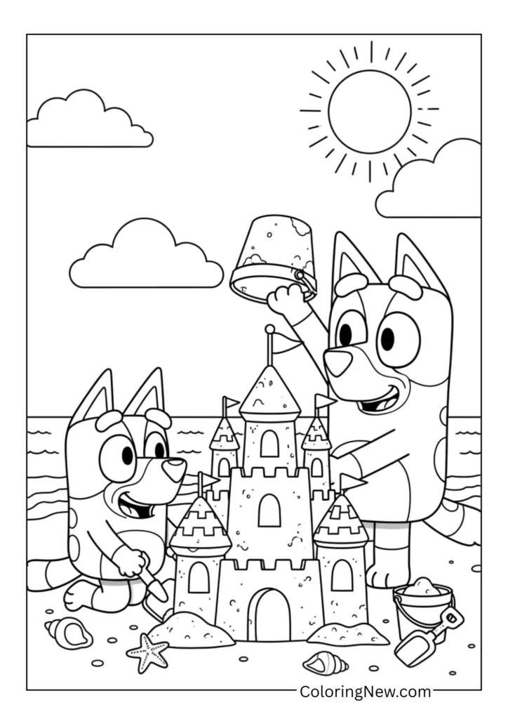 Bluey and her dad Bandit building a sandcastle on the beach