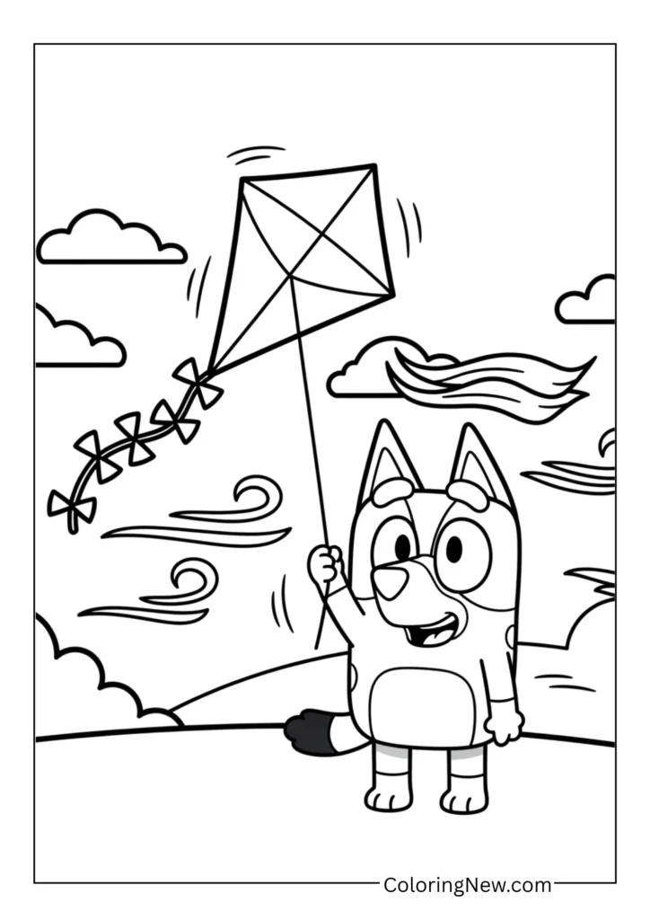 Bluey flying a kite on a windy day