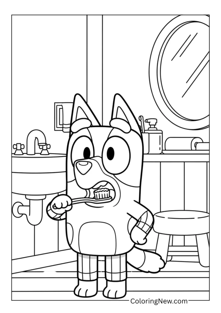 Bluey in pajamas brushing her teeth