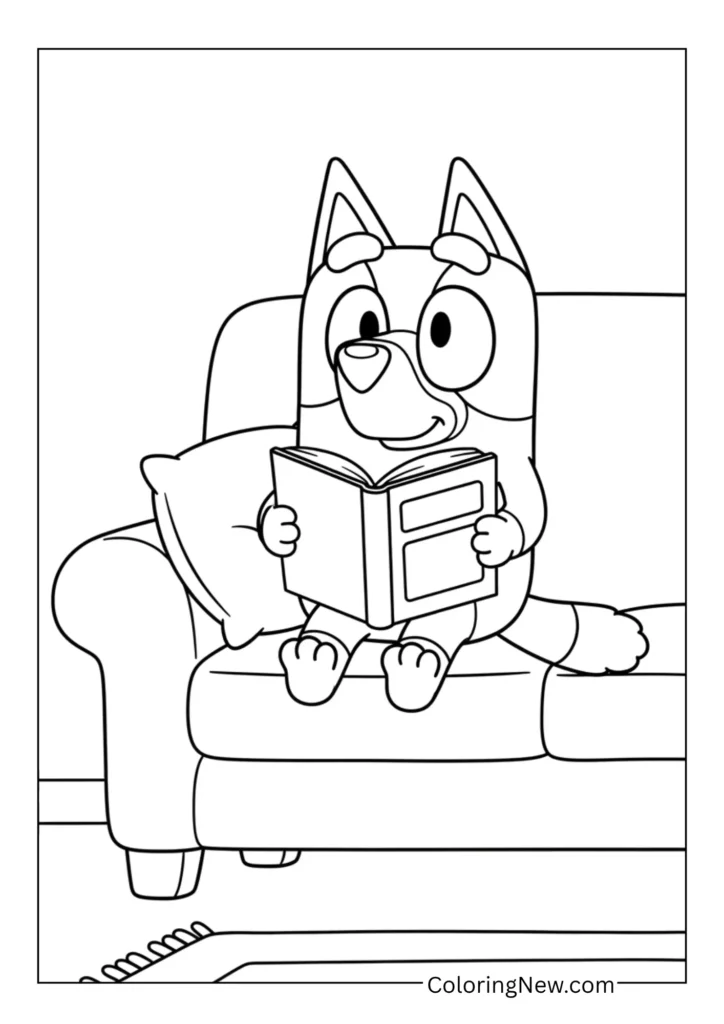 Bluey reading a storybook on the couch
