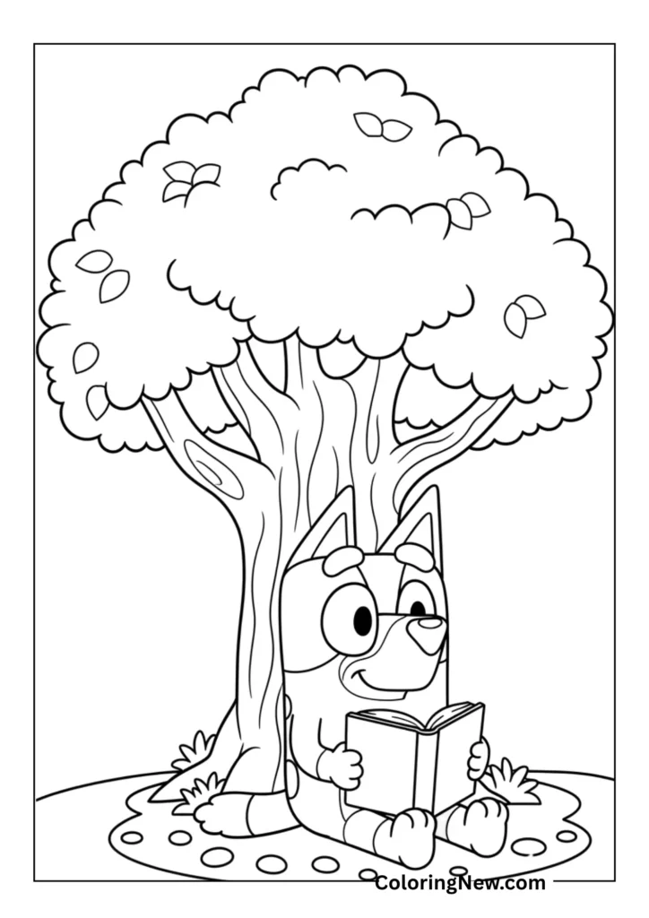Bluey sitting under a tree reading a book