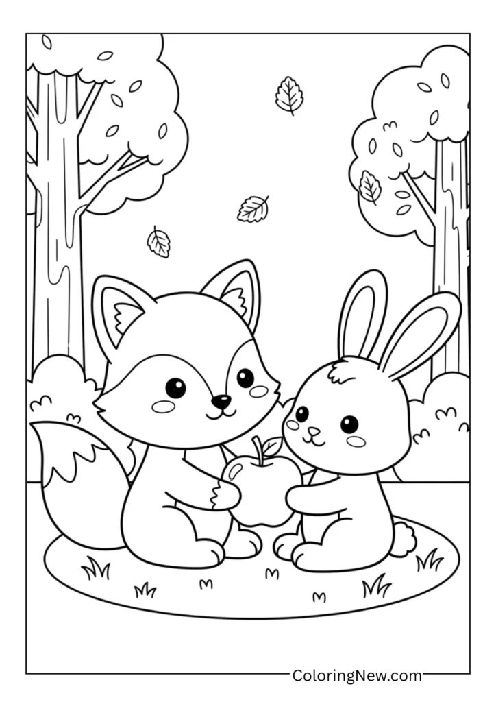 Cute fox and bunny sharing an apple