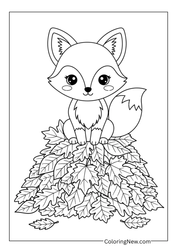 Cute fox sitting on a pile of autumn leaves