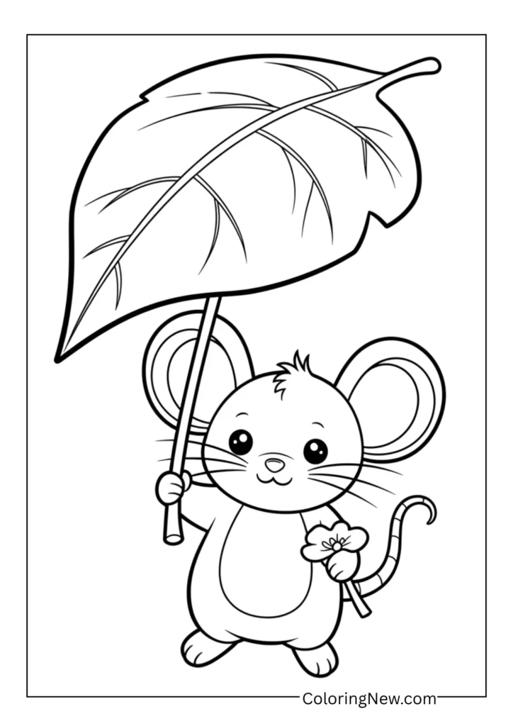 Cute mouse holding a big leaf like an umbrella