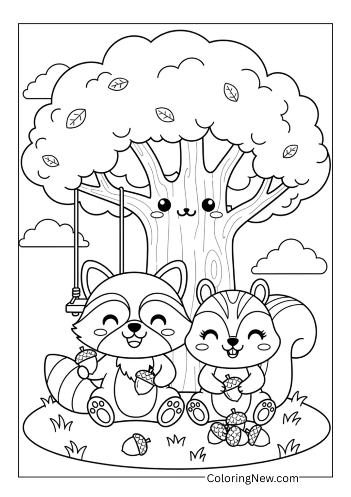 Cute raccoon and squirrel sharing acorns under a tree