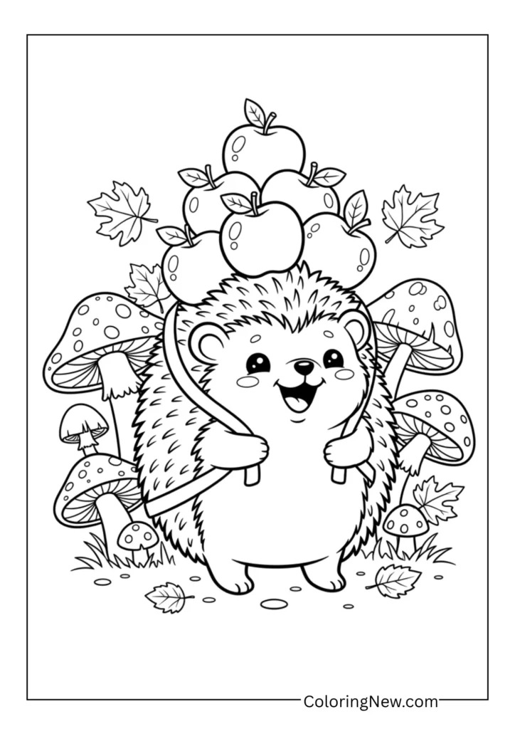 Happy hedgehog carrying apples on its back