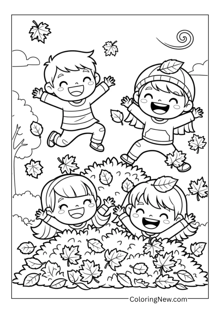 Happy kids jumping into a pile of fall leaves