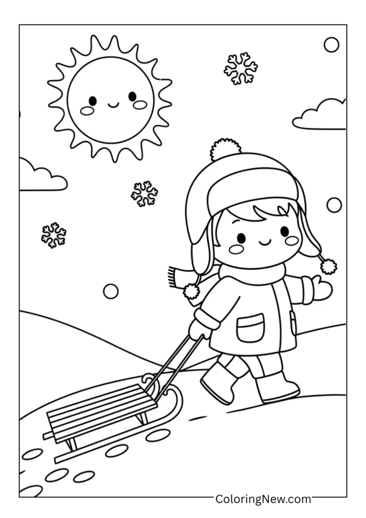 Kid pulling a sled up a snowy hill, footprints behind