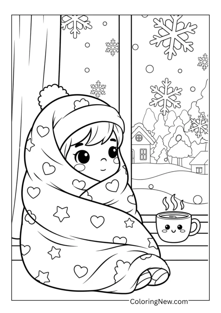 Kid wrapped in blanket sitting by window watching snow fall