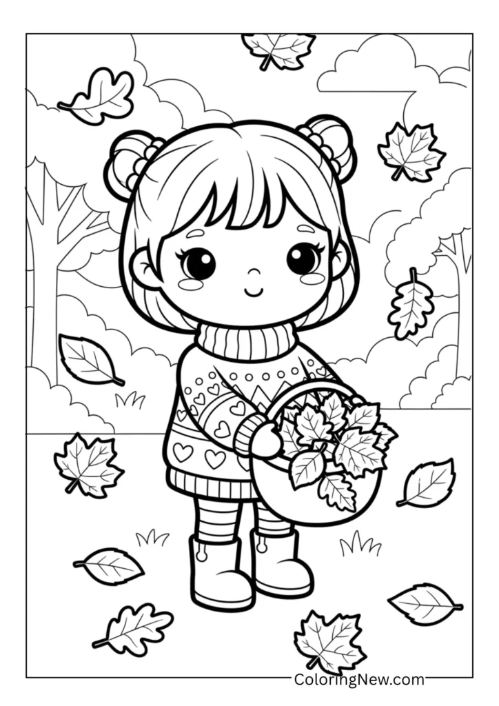 Little girl wearing a sweater and boots collecting leaves