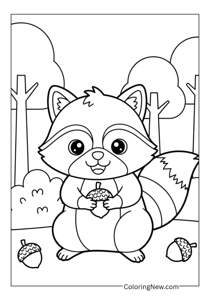 Playful raccoon picking up acorns