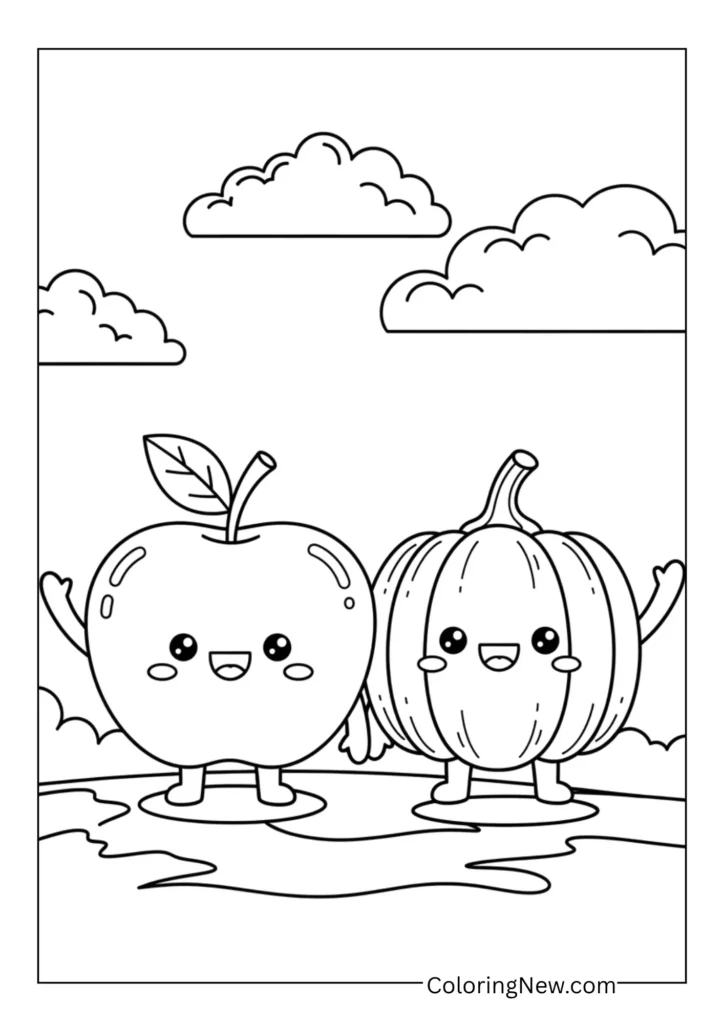 Smiling apple and pumpkin characters waving hello