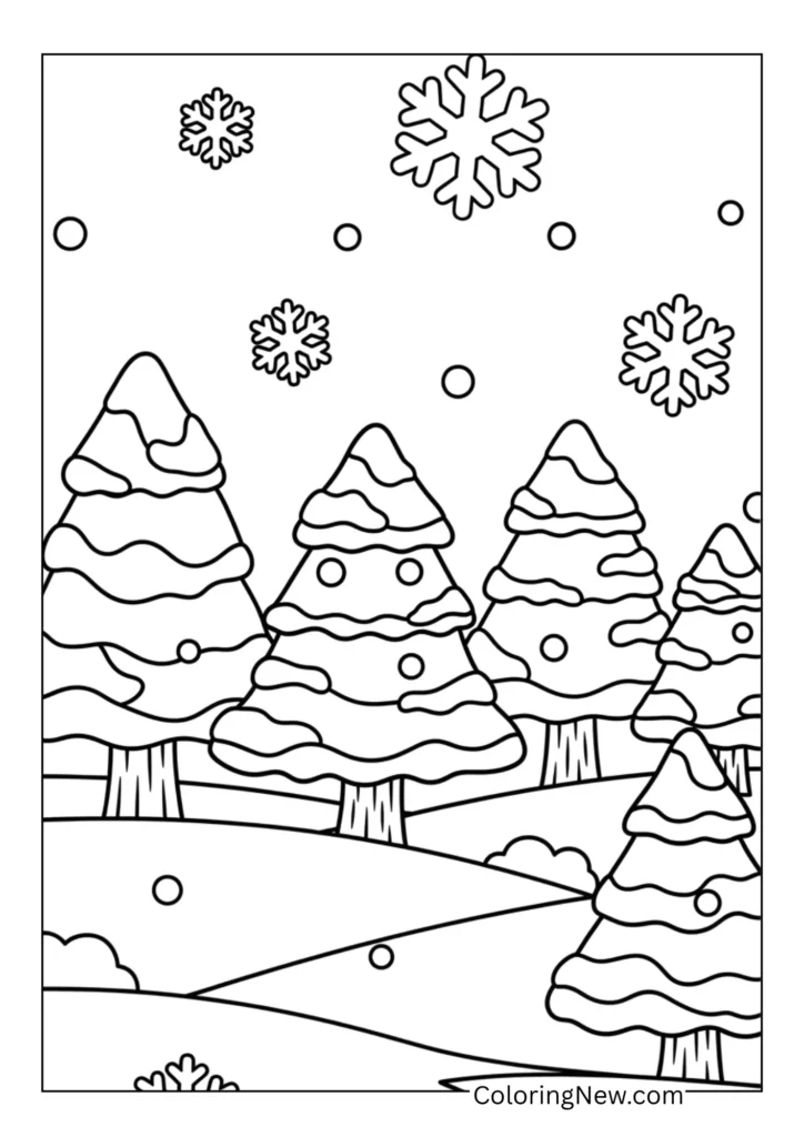 Snow-covered pine trees with falling snowflakes