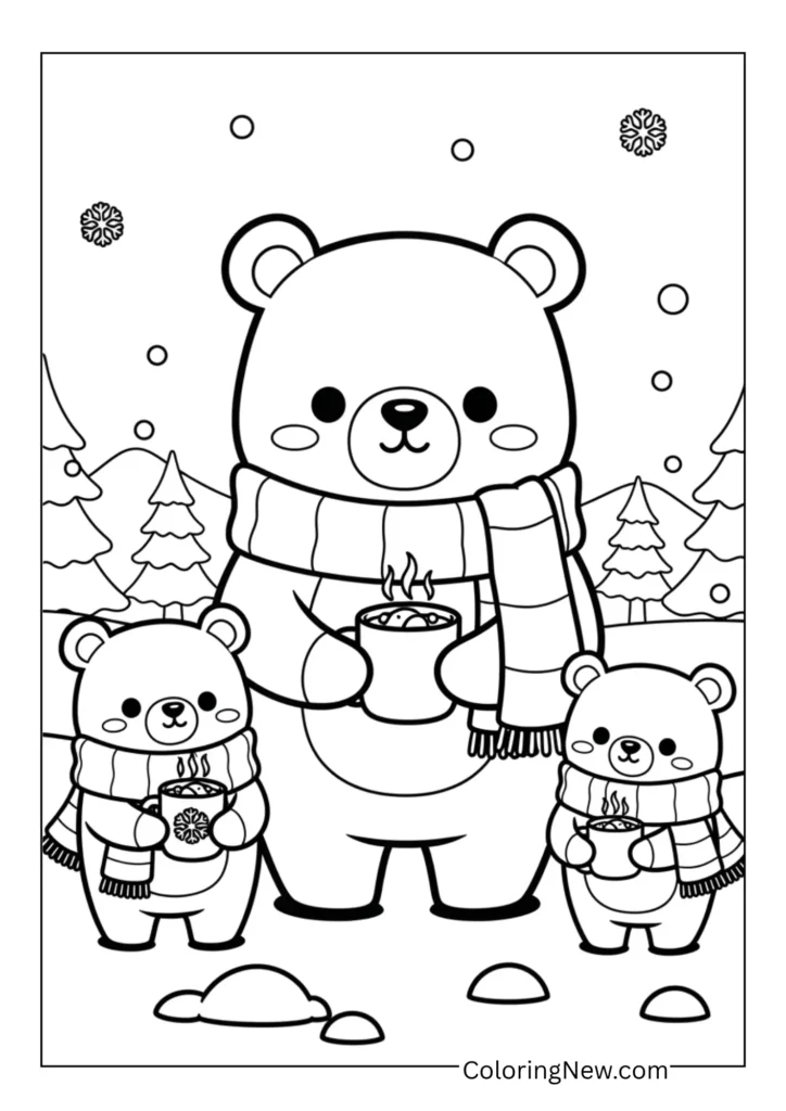 bear family wearing scarves, standing in snow