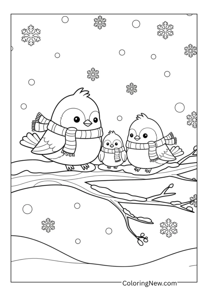 bird family wearing tiny scarves