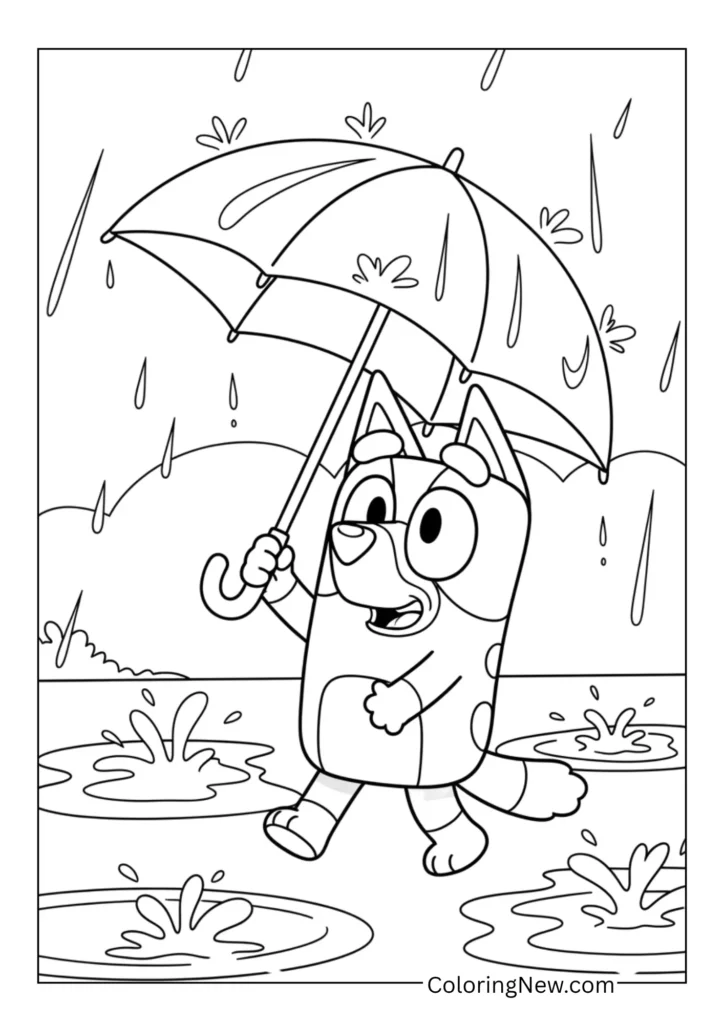 Bluey playing in the rain with an umbrella