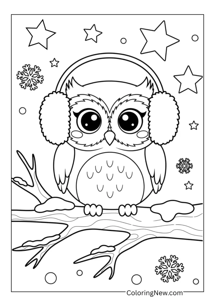 owl wearing earmuffs sitting on a snowy tree branch