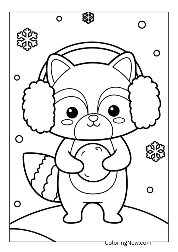 raccoon with earmuffs holding a snowball