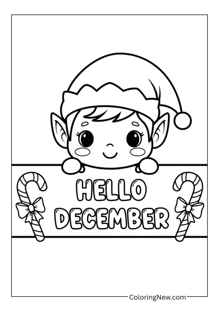 Adorable elf peeking over a “Hello December” banner