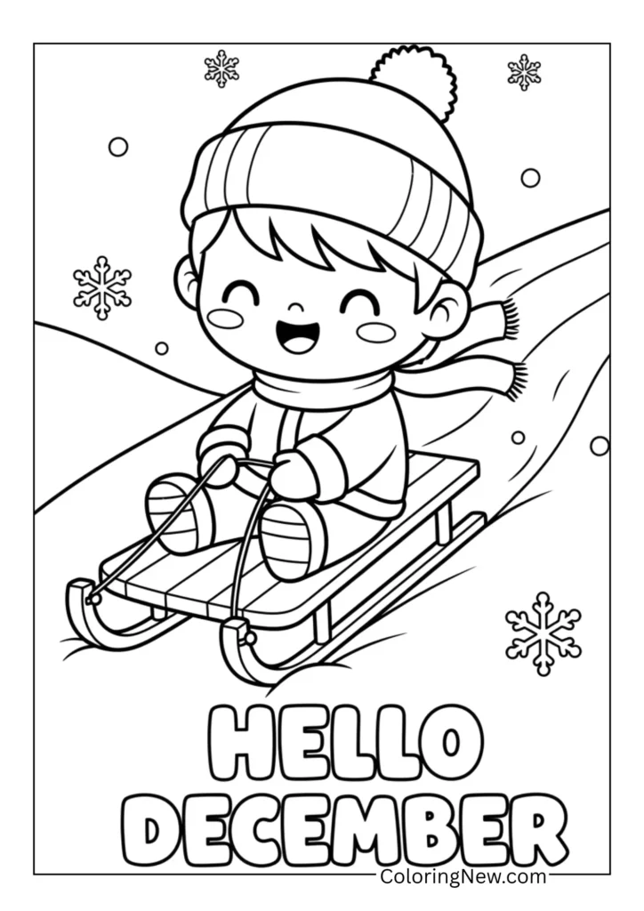 Children sledding down a hill with “Hello December” written in the snow path