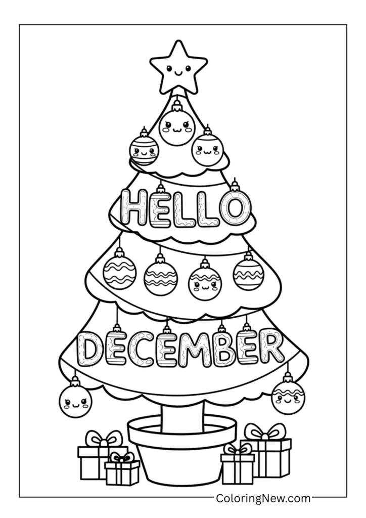 Christmas tree with ornaments forming the letters of “Hello December”