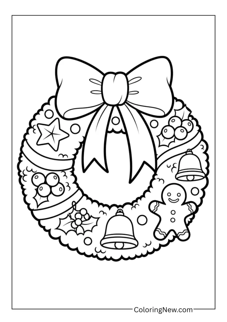 Christmas wreath with bow, berries, and ornaments