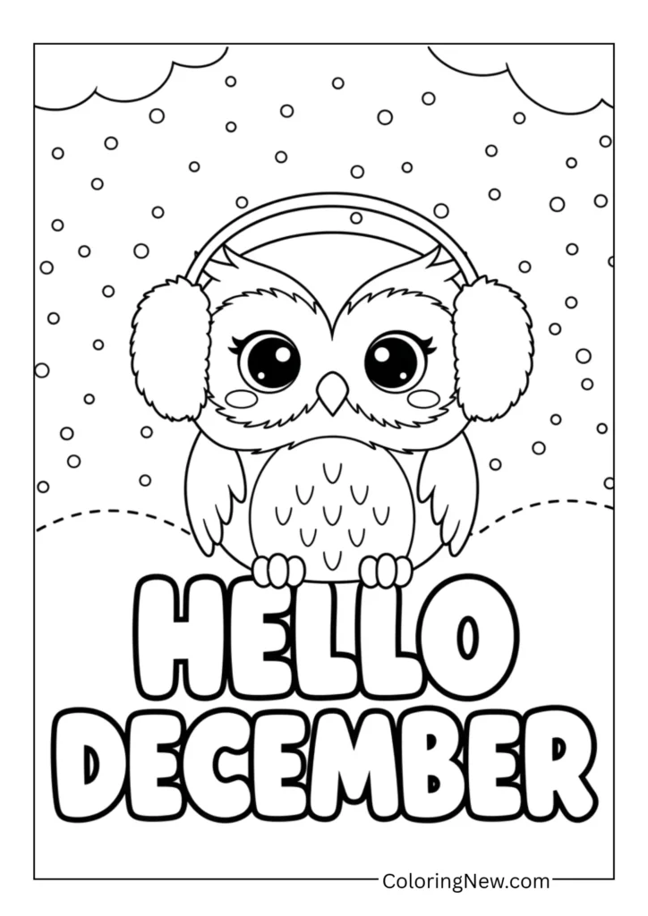 Chubby owl wearing earmuffs sitting on large text “Hello December”