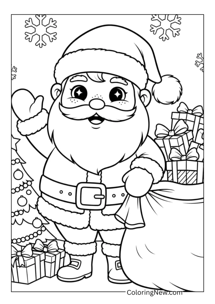 Cute Santa Claus waving with a big sack of presents