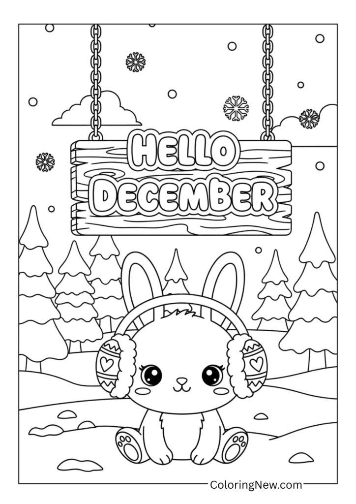 Cute bunny wearing earmuffs sitting under a “Hello December” sign