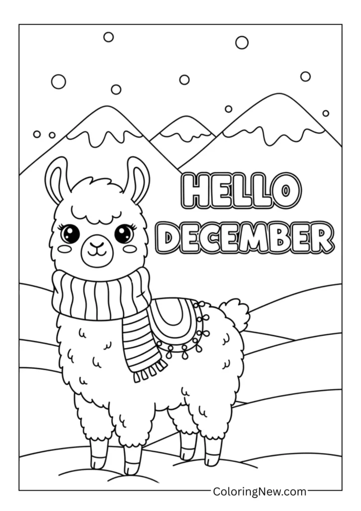 Cute llama in winter scarf standing beside “Hello December”