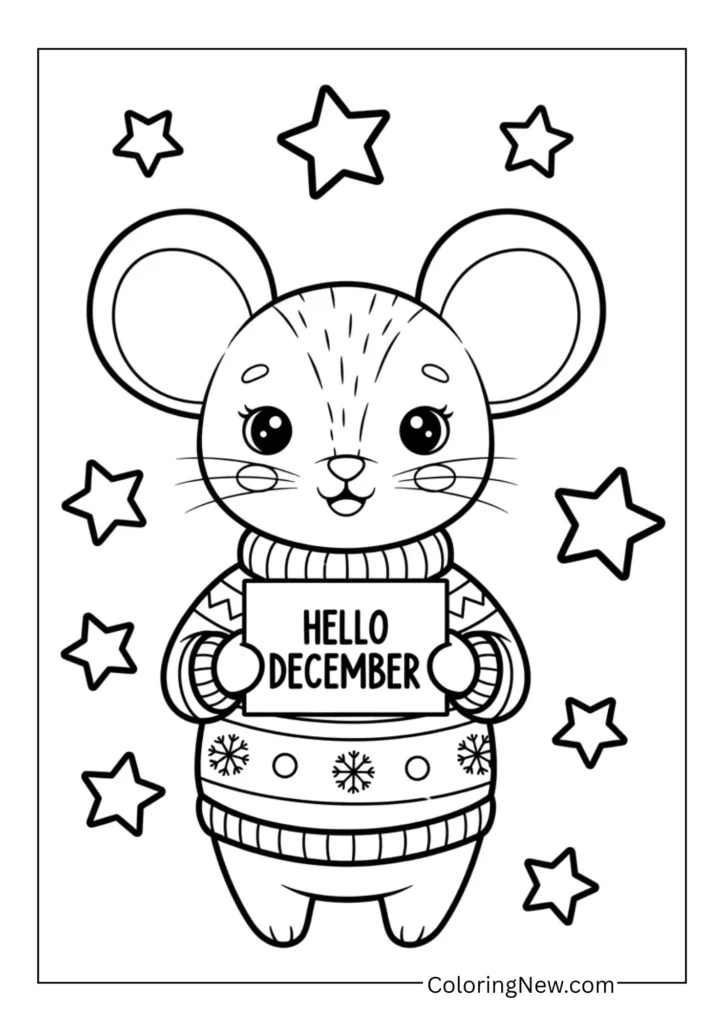 Cute mouse wearing a Christmas sweater holding a “Hello December” card