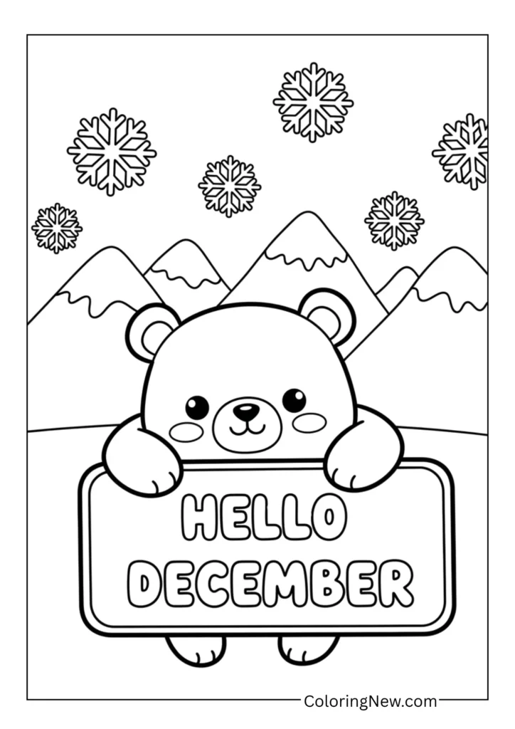 Cute polar bear hugging a “Hello December”