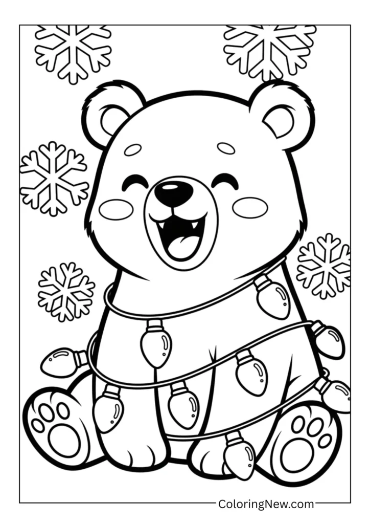 Cute polar bear with Christmas lights wrapped around its body