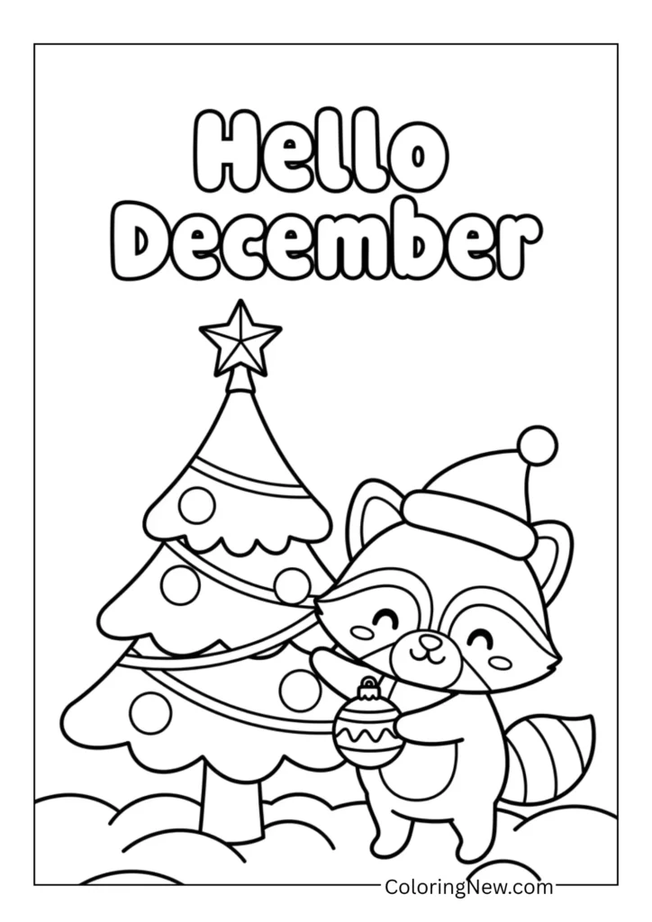 Cute raccoon decorating a mini tree with “Hello December” text