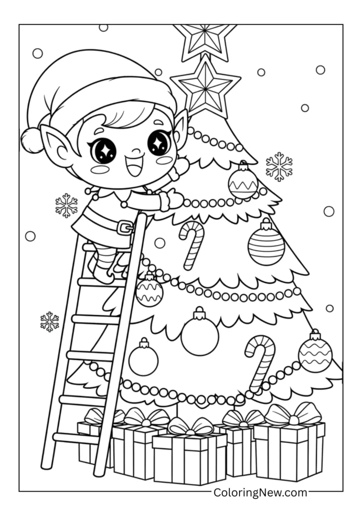 Elf decorating a Christmas tree with ornaments