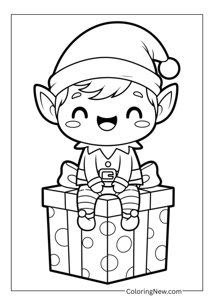 Elf sitting on a present and smiling
