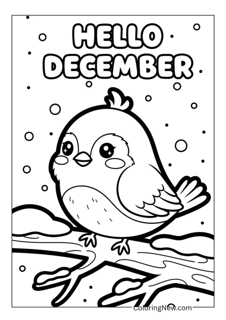Little bird on a branch covered in snow with “Hello December”